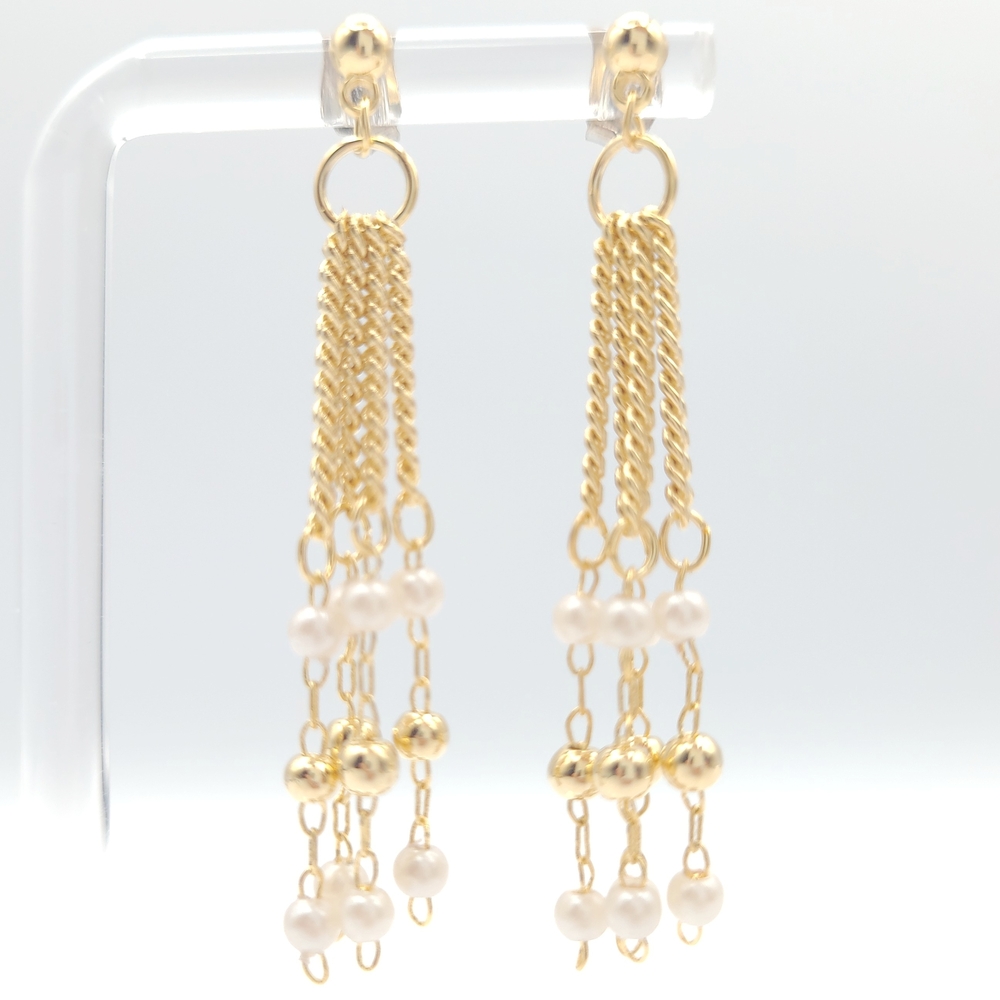 Gold Tone Faux Pearl Fringe Dangle Earrings